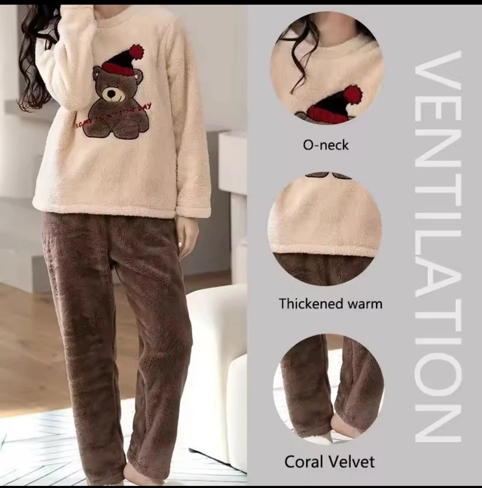 Damen Fraue Winter Fleece Kuschelig Flauschig Warm Weich Pyjama Schlafanzug Set - Bild 4 von 4