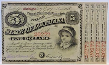 1870s Five Dollars State of Louisiana BABY BOND $5 UNCIRCULATED w Coupons #20272