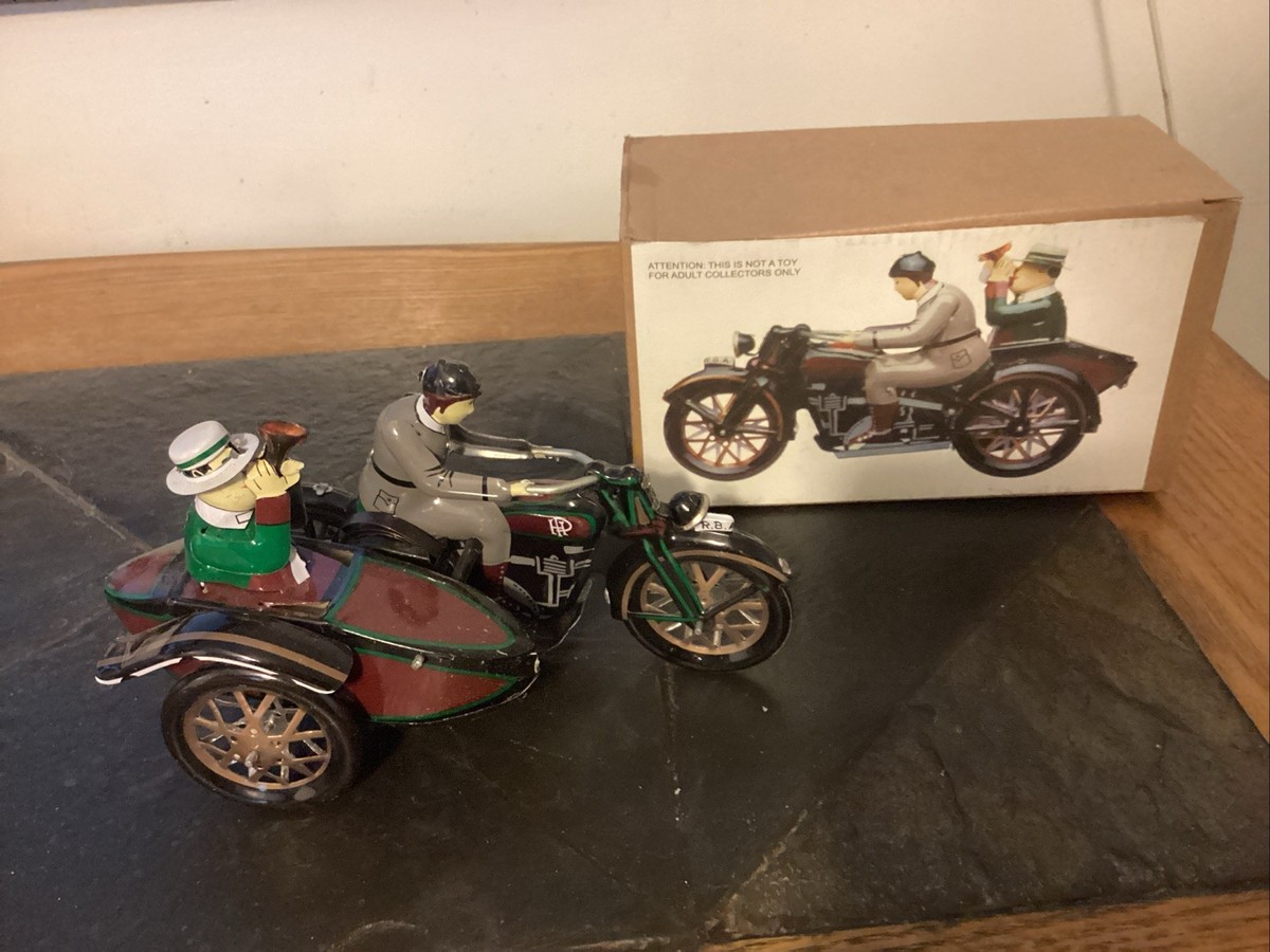 Vintage Motorcycle with Sidecar Wind Up Tin Toy Japan W/Box And