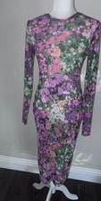 AFRM Mesh Midi Dress S Digital Floral Loah Violet Pink Green White LS Bodycon