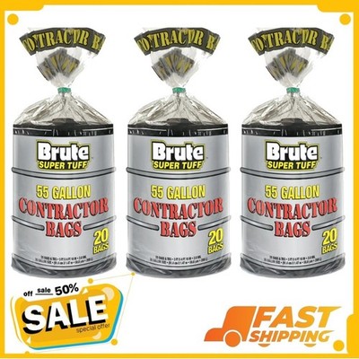 ( 3 Pack ) Brute Super Tuff  Contractor Bags, 55 Gallon, 20 Bags (Twist Tie)