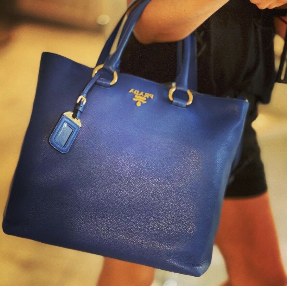 PRADA Bluette Vitello Phenix Leather Shopping Tote Bag PRADA Bluette Vitello Phenix Leather Shopping Tote Bag