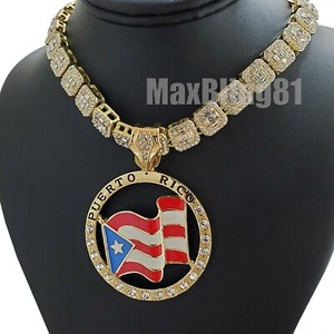 Authentic Iced Gold Plated Puerto Rico Flag Pendant & 16" 18" Iced Baguette Chain Necklace