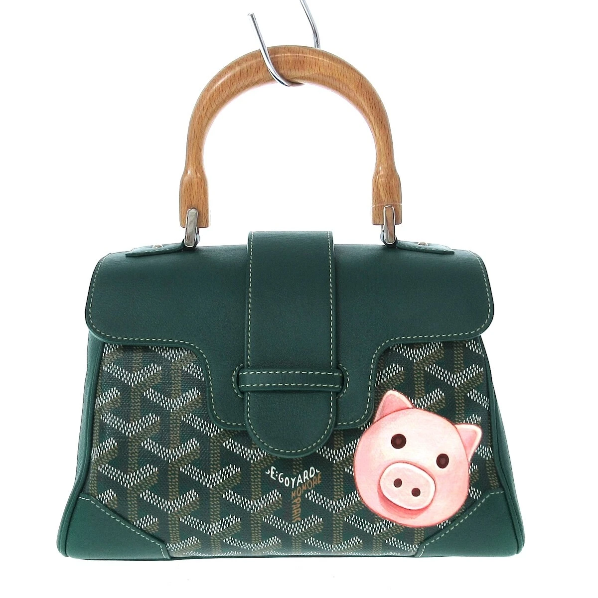 Auth GOYARD Saigon Mini Green Coated Canvas Leather Wood Women s Handbag
