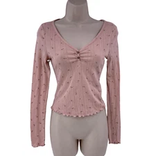  Wild Fable Womens Crop Top Blouse Size XS Peach Floral Print V-Neck Button LS