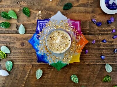 CHAKRA Kerzenhalter LOTUS Blume Handarbeit Teelichthalter GOLDRAND 