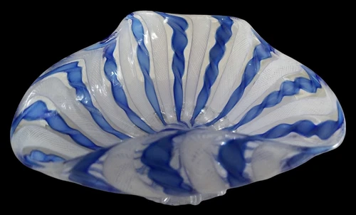 Vintage Murano Blue & White Art Glass Ashtray Genuine Venetian Trinket Dish