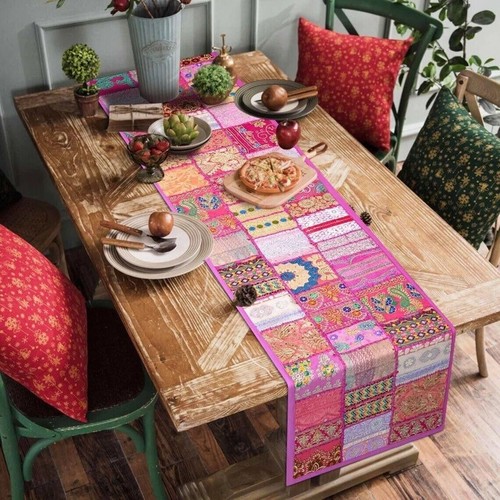 Home Decor Indien Patchwork Vintage handmade Embroidery Pink Ethnic Table Runner