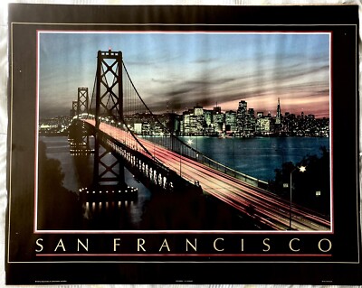 Vintage 80s 90s San Francisco Skyline Poster Bay Bridge Dark Night