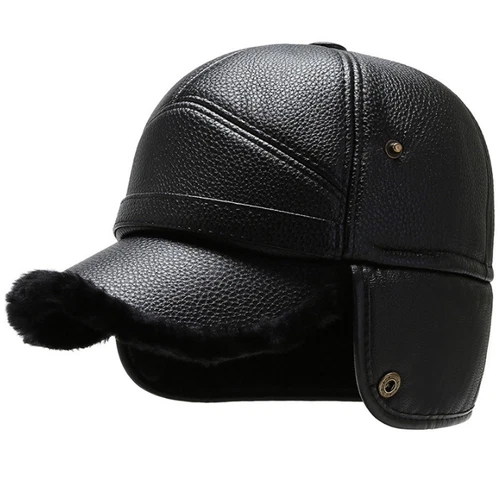 Men's Genuine Leather Baseball Caps Winter Hats With Ear Flaps Warm Cap Hat Gift - Picture 6 of 15