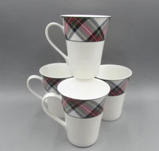 Mikasa Bone China Christmas Tartan Plaid White Mugs - Set of Four - New