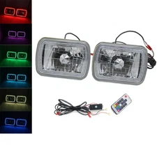 Pair 5x7" 7X6" Inch Rectangular RGB LED Halo Sealed Beam Headlights H4 Hi / Low