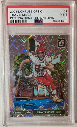 2023 Donruss Optic Travis Kelce International Downtown SSP Rare PSA 9