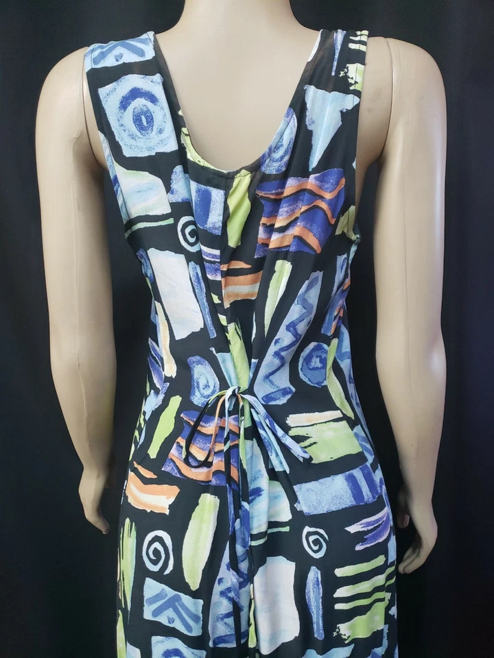 Vestido NINA PICCALINO Negro Multicolor Estampado Abstracto Sin Mangas 14 Lazos Espalda #C Foto 4 de 4