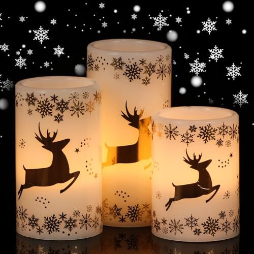 Christmas Flameless Candles with 6H Timer, Real Wax LED Pillar Golden Reindeer