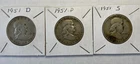 US 1951D 1951P 1951S Franklin 90% Silver Half Dollar Fine to Very Fine Condition