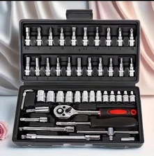 46PCS Socket Wrench Set 1/4" Drive Ratchet Wrench, Drill Bit Combo Kit with Box