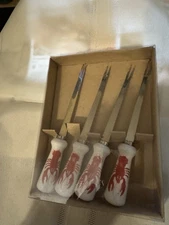 4 Crate Barrel Seafood Lobster Forks Picks in BOX Stainless