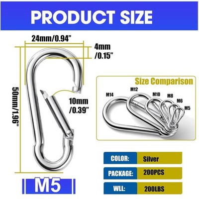 200Pack Silver Carabiner Hooks - Quick Link Spring Safety
