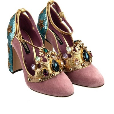 DOLCE & GABBANA Kristall Barock Krone Stern Heel Pumps VALLY Pink Gold Blau