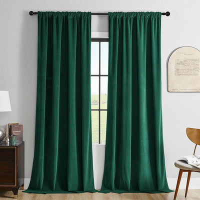 Dark Green Velvet Curtains 84 Inch Length 2 Panels Burg Set, Luxury Rod Pocket T