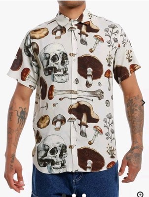 Hot Topic Men s Mushrooms & Skulls All Over Print Woven Button Up Sz XL Festival