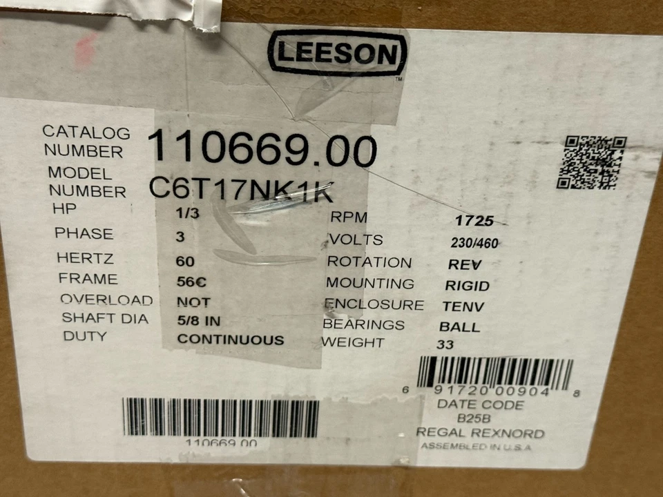 Leeson 110669.00 Rigid Base Brake Motor C6T17NK1K, 1/3HP, 3PH, 60Hz, 230/460V - Image 2 of 4