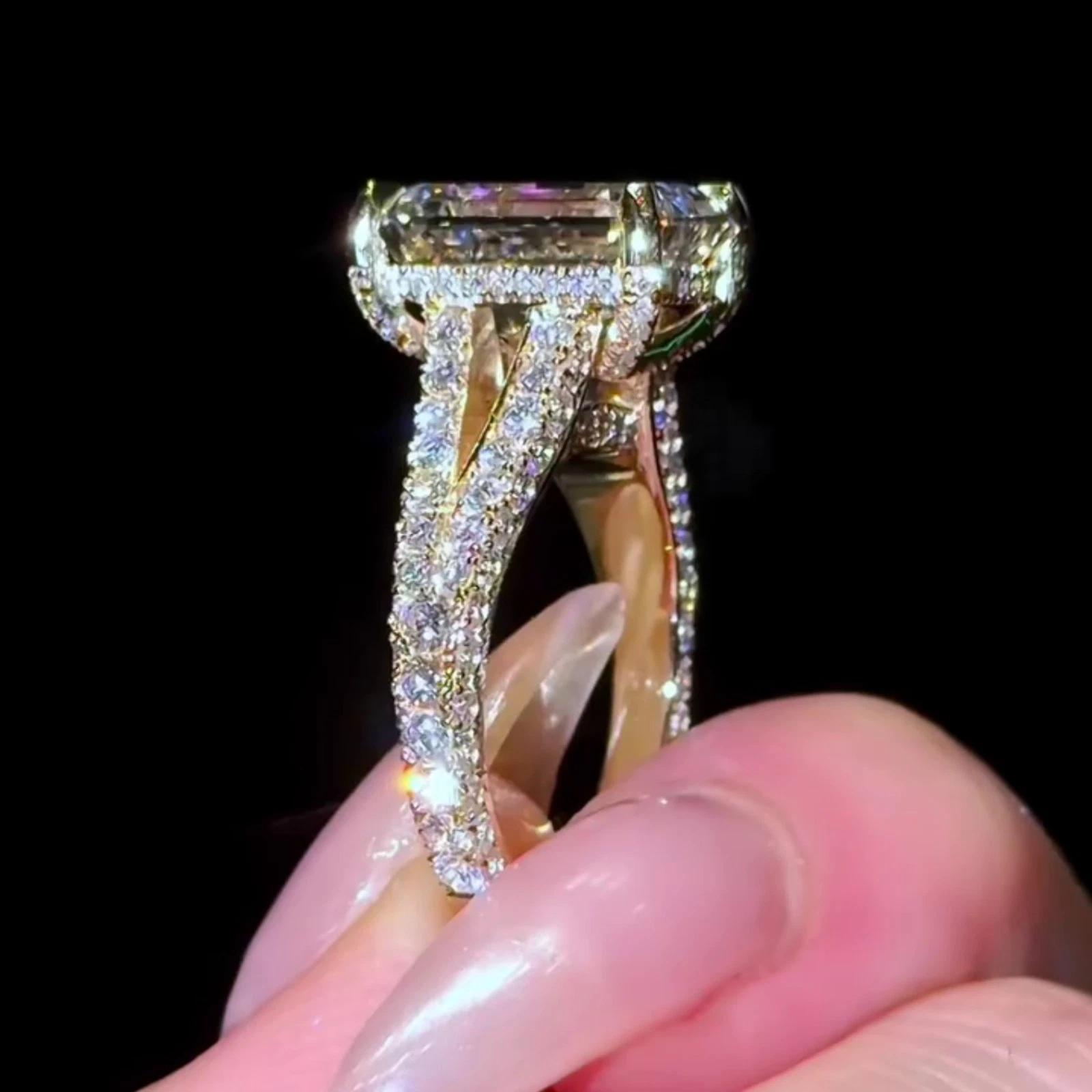 Vintage 3 CT Emerald Cut Moissanite Solitaire Hidden Halo 14K Yellow Gold Plated