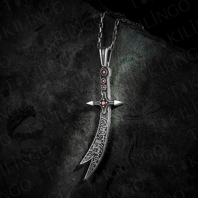925 Sterling Silver Red Zircon Stone Imam Ali Zulfiqar Sword Necklace Pendant