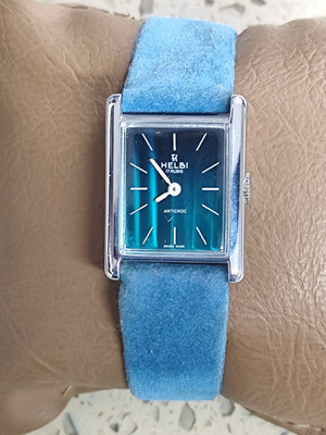 1975 Rare Helbi  Swiss  Watch Tank hand wind Movement  Bleu Dial  27mm NOS