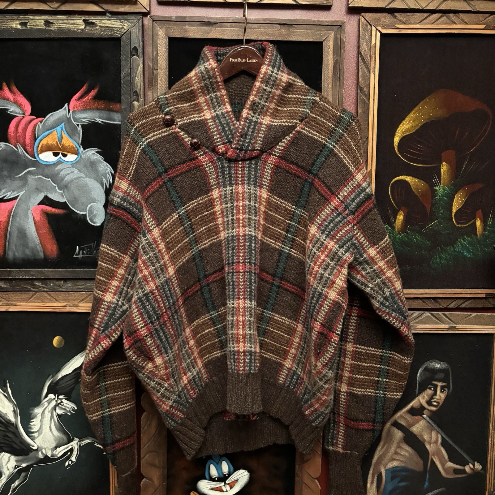 Vintage Polo Ralph Lauren Wool Sweater Plaid Shawl Collar Fisherman Style 90s XL