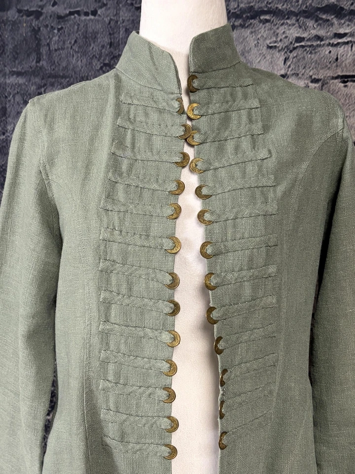 Chaqueta Soft Surroundings Mujer Pequeña Verde Salvia Banda Militar Cuello Mandarín Foto 2 de 4