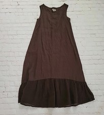 FLAX Linen Women's Size P (4/6) Maxi Dress Brown Prairie Lagenlook Gauze Ruffle 