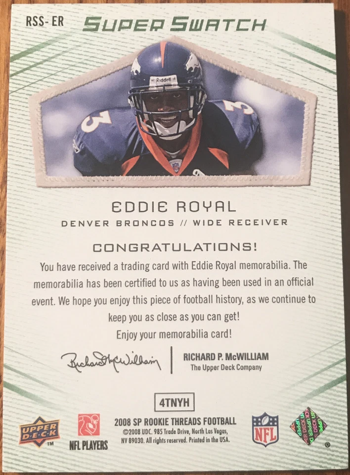 2008 SP Rookie Threads Rookie Threads 99 Eddie Royal RSS-ER #’d 28/99 - Image 2 of 2