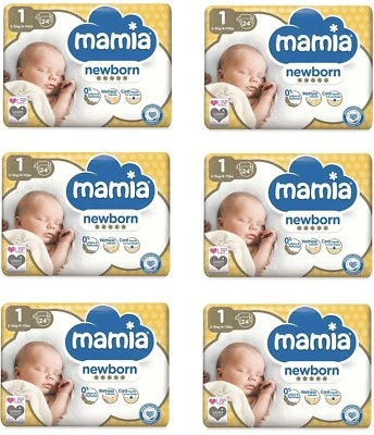 6 X ALDI Mamia Newborn Nappies Size 1, 6 x Packs of 24 (144 Nappies) Premium 5*