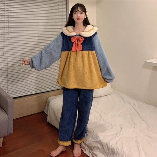 Women Winter Two-Piece Set princess Sweet Bow-Knot Ruffled Loose Plush Pajamas H - Picture 6 of 17