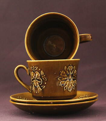 tazas de cafe vintage color marron con plato