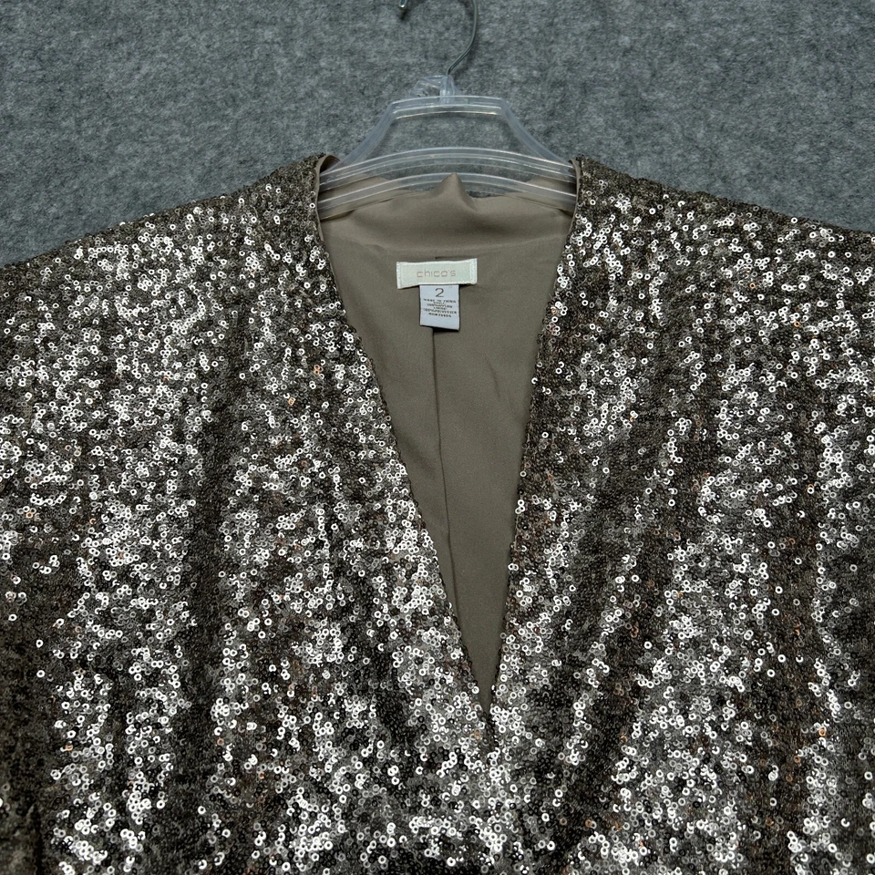 Chaqueta Chicos Mujer Grande Dorada Todas las Lentejuelas Fiesta Vacaciones Bolsillos Forrada Crucero Foto 3 de 4