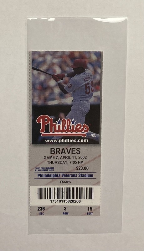 Philadelphia Phillies Vs Braves Game 7 Ticket Stub 04/11/ 2002 Veterans Stadium