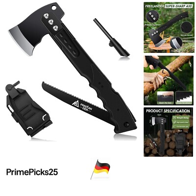 Multifunktionale 5-in-1 Camping Axt 34CM mit Säge und Scheide, schwarz