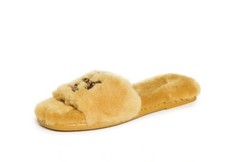 TORY BURCH 298 JEWELED SHEARLING SLIDE SLIPPER SANDAL HONEY DOUBLE-T LOGO US5.5