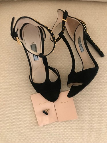 $1400 Prada Heels Sandals Shoes Pumps Black Suede T-Strap Studded EU36 - Picture 11 of 15