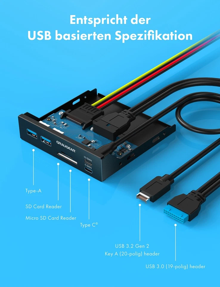 Front-Panel Kartenleser USB HUB 6-Port aus Metall in 3.5 Zoll PC Schacht - Bild 4 von 4
