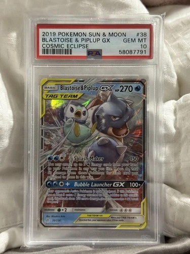 BLASTOISE & PIPLUP GX 38/236 PSA 10 COSMIC ECLIPSE POKEMON TAG TEAM 2019
