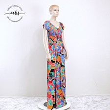 NWT Aakaa Tropical Print Smocked Bohemian Slit Maxi Dress Multicolor Women L