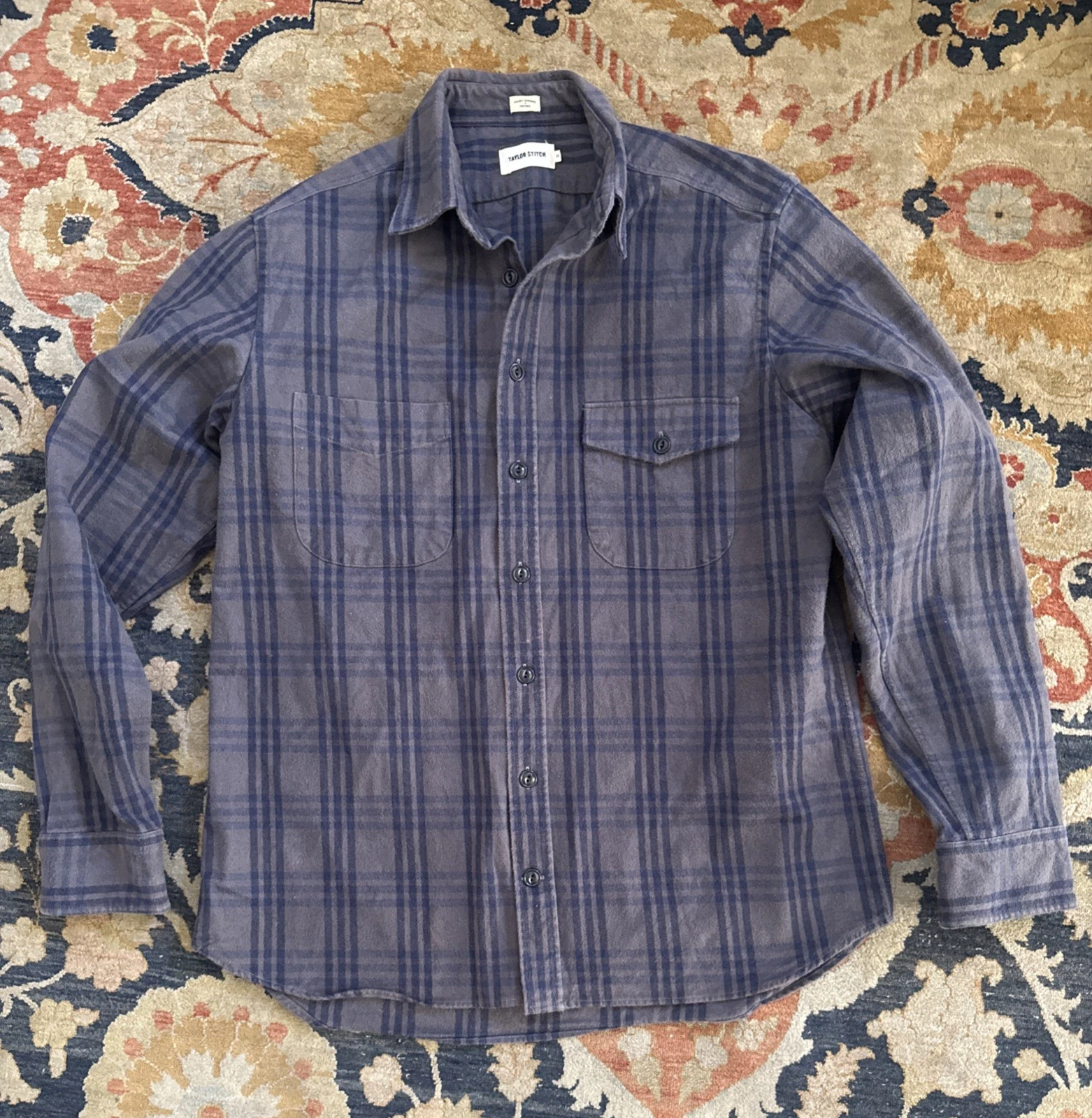 Taylor Stitch Crater Ledge Work Shirt 44 XL Gray Blue Plaid Twill Cotton Flannel