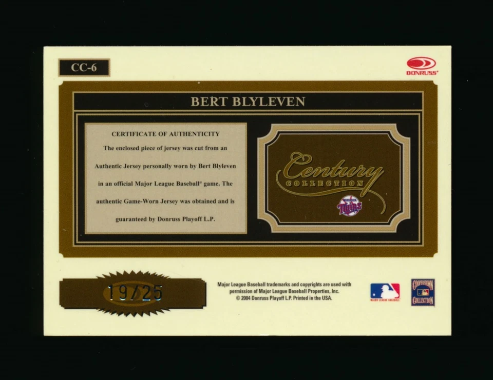 2004 DONRUSS CENTURY COLLECTION BERT BLYLEVEN TWINS PATCH #D 19/25 *1298 - Imagem 2 de 2