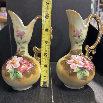 2 X Enesco Vases Set Gold Trim Floral Pitcher 6.5  E2350 Porcelain Vintage ￼￼