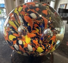 Vintage Hand Blown Art Clear Glass Round Paperweight Multicolor W/Bubbles