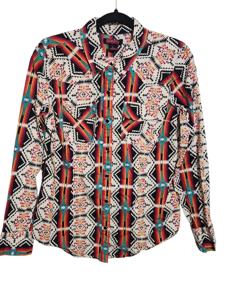 Rock & Roll Denim Southwestern Aztec Snap Button Junior/Youth Shirt Top  - Image 3 of 4